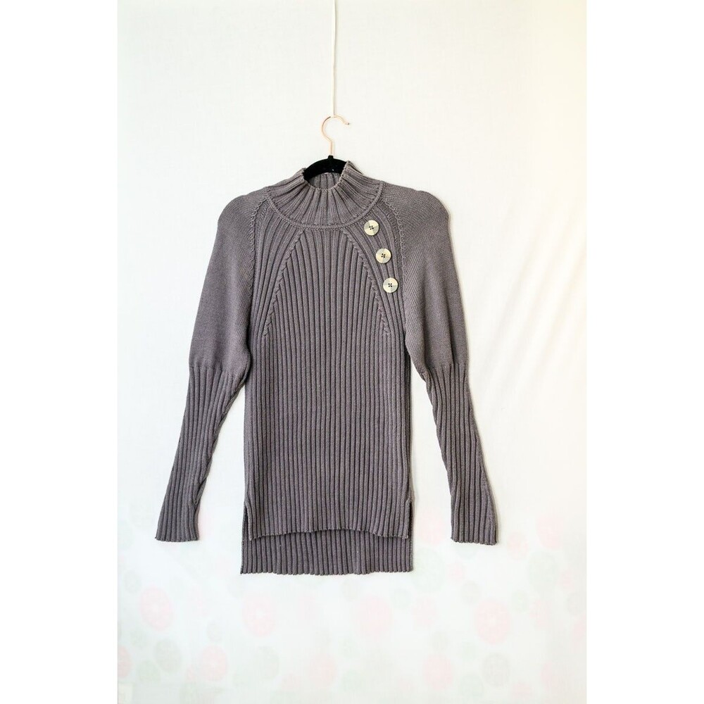 Neon Buddha S gray mock neck sweater cotton button accents art to wear artsy